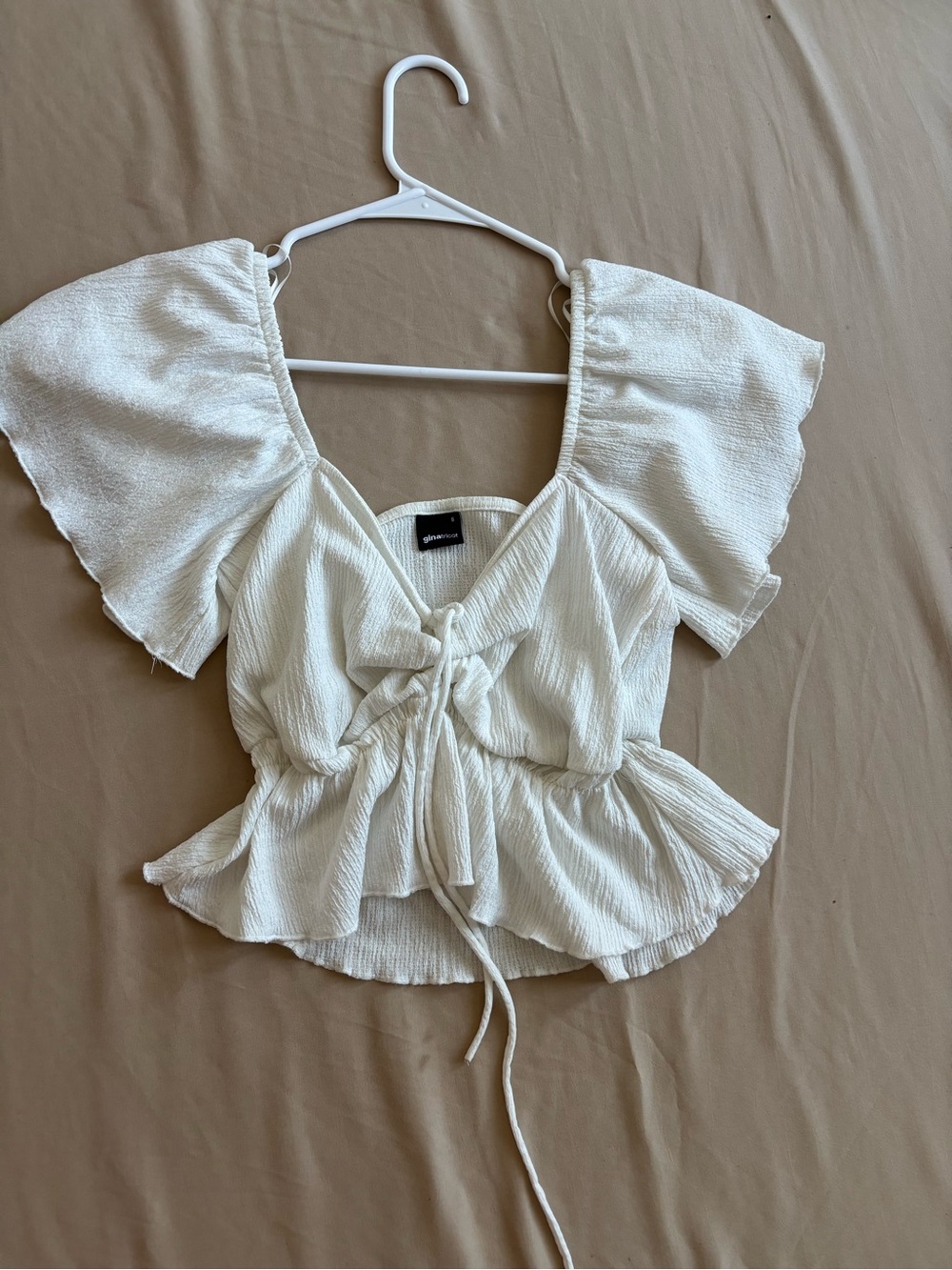 Gina tricot Textured Ivory Tie-Front Peplum Top
